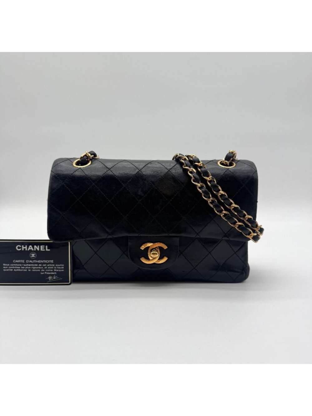 Chanel Large Shoulder Bag Quilted CC Logo Turnlock Gold Leather Black Chain